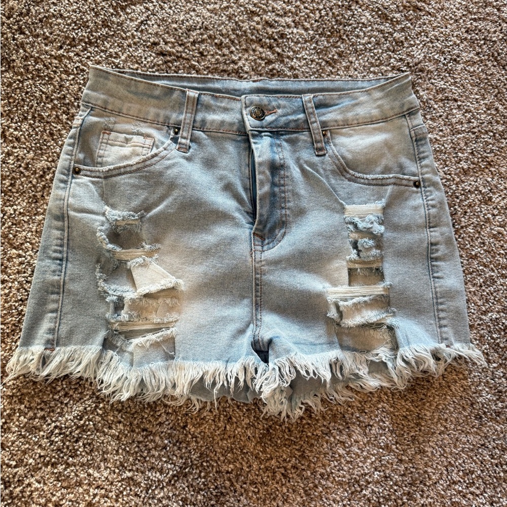 Distressed Denim Shorts with Frayed Hem
